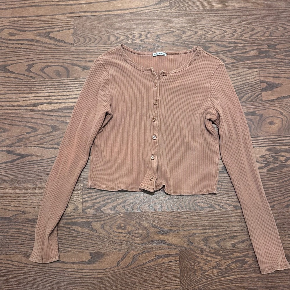 Reformation XL Ribbed Button Down Cardigan Mauve Brown Long Sleeve Cropped Top